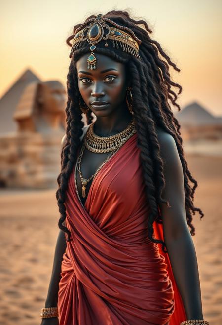Photography, black woman pharaoh Cleopatra, richly dressed in silks, walking on desert sand, jewelry design,bernini, macro lens, ancient egyptian,sphinx, black woman, desert background, hazel eyes, ultra realistic and detailed, reflection eyes ultra realistic, skin perfect, with vibrant meticulously detailed intricate long curly glowing and flowing hair, Fantasy, Beautifully lit, Beautiful lighting, lovely colors, Intricate details, fineart, max details, Ultra realistic, photo realism, Perfect anatomy, precise features, ((boobs)), (((thick hips))), ((dreadlocks))