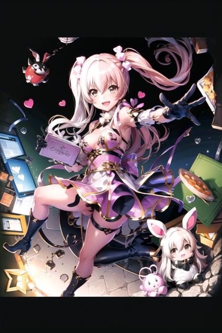 <lora:CocoaD4DJ-05:0.8> , snmycocoa, looking at viewer, smile, open mouth, gloves, bow, twintails, hair bow, heart, boots, food, black gloves, black footwear, cup, book, stuffed toy, stuffed animal, box, stuffed bunny