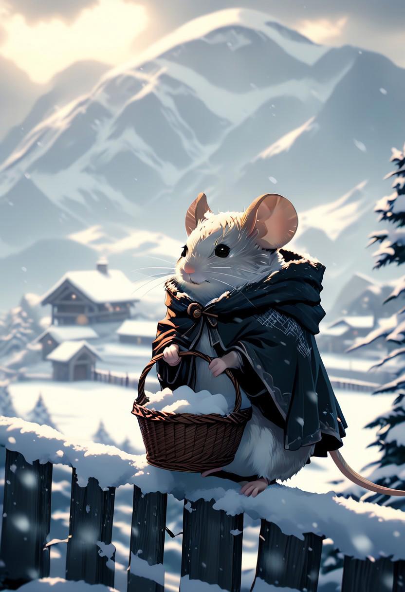 mouse, cloak, winter, snow, fence, mountains, carrying basket on back, snowing, fierce determination, cute,
 midjourneyv6.1