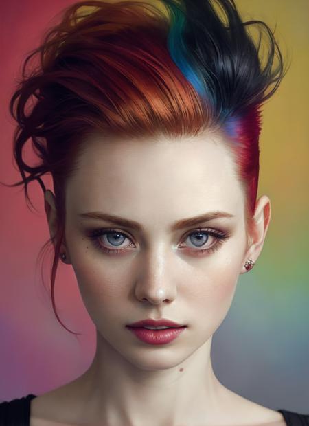 portrait of sks woman by Flora Borsi, style by Flora Borsi, bold, bright colours, rainbow Mohawk haircut, ((Flora Borsi)), <lora:locon_deborahannwoll_v1_from_v1_64_32:1>