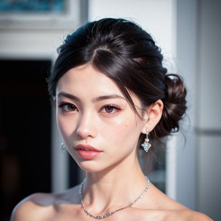 (8k, RAW photo, best quality, masterpiece:1.2), (realistic, photo-realistic:1.37), portrait photo of kaoru_sayama-4000, updo hair, 1girl, professional lighting, photon mapping, radiosity, physically-based rendering, blush, necklace, earrings, exquisite makeup