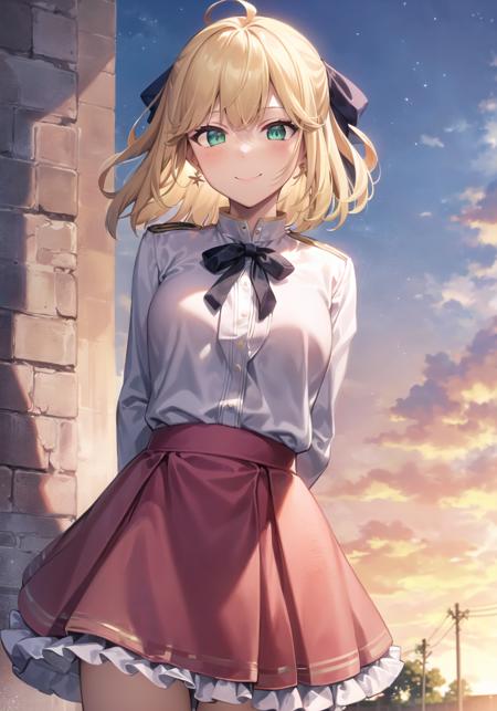 1girl, <lora:anisphia_wynn_palettia-15:1>, (anisphia_wynn_palettia:1.2), pink skirt, short hair, 
arms behind back, earrings, explosion, looking_at_viewer, medium_breasts, orange_sky, smile, solo, sunset, hair bow, (medieval:1.2) 
(masterpiece), (best quality), (ultra-detailed), (best illustration),(best shadow), (an extremely delicate and beautiful)