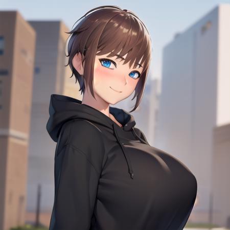 ((Masterpiece, Best Quality, 8k, best quality face, beautiful eyes)), ArnasAtakiyo, solo, smile, blue eyes, detailed background, brown hair, 1girl, solo focus, short hair, outside, genderbent(mtf), blushing, looking at viewer, (large breasts:1.4), upper body, closed mouth, naughty face, black hoodie, <lora:Arnas_Atakiyo_NEW:0.45>