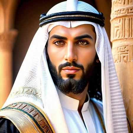 (8k, best quality, masterpiece:1.2) (realistic, photo-realistic:1.4) ultra-detailed, joseph prophet, Yusuf prophet, most beautiful man on earth, eye of god, unbelievable beautifully face, brown thick eyes, white shining skin face, look at viewer, arab persian kings dress, Egyptians king dress, charismatic look