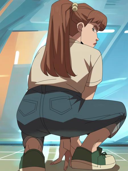 m_g, 1girl, brown ponytail hair, bangs, hairpin, small body, skinny body, grey eyes blue t-shirt, black denim shorts