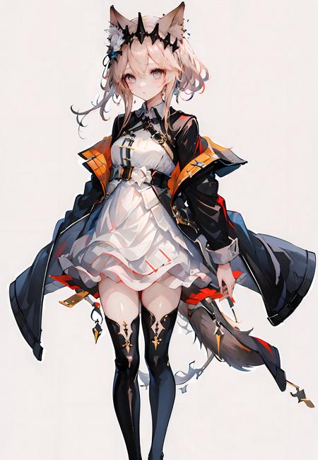 ((masterpiece,best quality)), 1girl, vendela, hair ornament, white dress, open jacket, thigh boots, tail, standing, simple background,