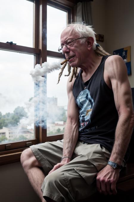 a photo of bernie sanders wearing a tank top and cargo shorts (smoking a joint of marihuana) in a room filled with smoke,(white dreadlocks),smoking,white hair, long hair,dark brown eyes, indoors,(smoke,smoked),sitting,red sclera,(smile,parted lips), (realistic,RAW photo, DSLR,detailed, natural light)