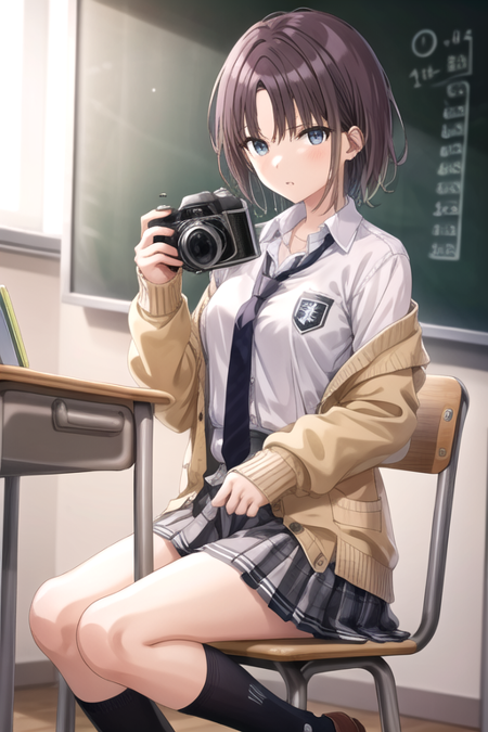 <lora:ToruAsakura-05:0.7>,asakura toru, 1girl, solo, looking at viewer, short hair, skirt, brown hair, shirt, long sleeves, holding, school uniform, jacket, white shirt, pleated skirt, open clothes, necktie, socks, indoors, parted bangs, plaid, kneehighs, plaid skirt, chair, cardigan, blue jacket, black socks, black necktie, desk, grey skirt, camera, classroom, school desk, chalkboard, holding camera, blue cardigan