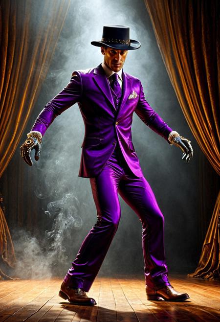 masterpiece, absurdres, high quality, ultra-detailed, 8k resolution, g3ars,
1male, bailaor, mediterranean, sharp cheekbones, sweat glistening, mid-dance motion, dynamic tension, deep purple silk suit made out of gears, tailored fit, pearl details, gear-embedded buttons, mechanical pearls, steampunk refinement, black wide-brimmed hat, shadowed eyes, leather gloves gripping fabric mid-flourish, flamenco stance, boot strike frozen in frame, arms arced, suit jacket flaring, golden stage lights, wood floor scuffed from movement, smoke curls low to ground, stage curtain made of gears. semi-realistic, chiaroscuro lighting, hyper-detailed fabrics, cinematic motion blur, oil painting texture
