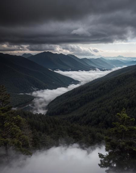 dense forest, mountains above clouds, rain, view from high height,, 18 mm lens, f/2, sharp focus, great image detail, cinematic lighting, ray tracing, ssao, HDR,
