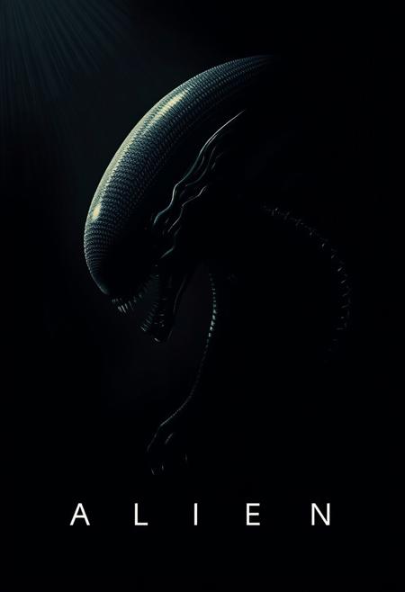 Movie poster (Xenomorph Alien lurks in the darkness) . (minimalism: 1) , ray tracing details . Style by Stephen Gammell .