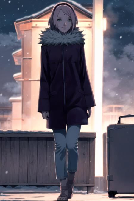 sakuraTheLast coat, woman, masterpiece, best quality, absurdres, mature female, solo, short hair, green eyes, long sleeves, sandals, fur trim, coat, red hairband, forehead mark, capri pants, standing, smile,  looking away, snowing, fog, night sky, konoah village background, neon lights,  <lyco:BetterHands:1.0>, <lora:DetailLora:1>, <lora:sakuraTheLastV7-000018:1>,