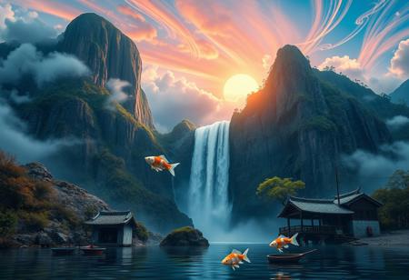 there is a tall waterfall, majestic water fall, the water fall is coming out of a mountain, Chinese mountains, there is moss growing on the mountains, small bonsai trees on the mountain, water mist, sun in the sky, sun behind clouds, water basin at base of cliff, small hut at base of cliff, small hut next to water fall, fishing rack, fishing polls, basket, fishing spot on shore, coy fish, white orange and gold coy fish, coy fish jumping out of water, shore, clouds, swirling, vivid colours, blue, orange, pink, sky, ancient, overgrown, landscapes, intricate details, background colourful, cloud streams, dynamic, vibrant colours, high quality, detailed, realistic, beautiful, extreme detail, hyper realistic, dynamic light, expressive, digital media (artwork), hi res, masterpiece, RAW, photo, 8k, very sharp, very detailed, realistic, real, cinematic view, shaded, detailed shading, shading,