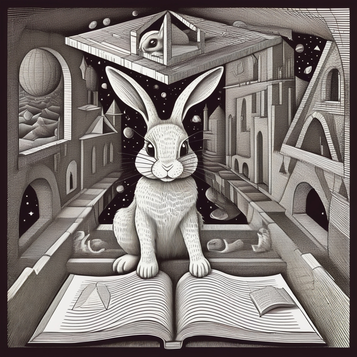 A white rabbit sits on top of an open book in a surreal scene.
