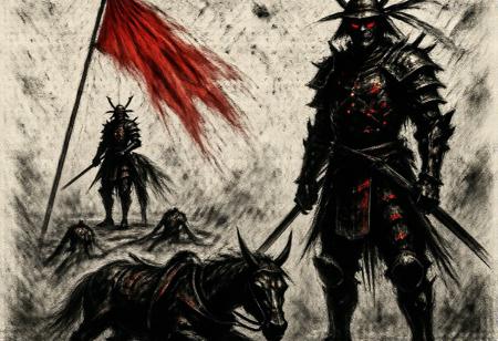 d3press1on, Grey scale masterpiece of contemporary art, selective colorfull, intricate scene, samurai in samurai armor standing beside fallen camerad, silent mouring, background battelfield after lossfull samurai fight, many dead bodies ob battlefield, a horse laying on side, red colored torn loose banner half errect on meaningless hill blowing in wind