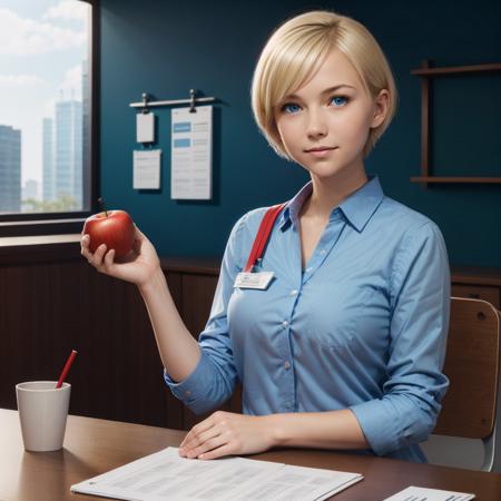 woman, blue blouse with pocket, buttons, id card badge, short blonde hair, blue eyes, sitting, holding red apple, wooden desk, hand on papers, cup with red pen on desk, chair, from front, blush, blue wall, wooden panels, window, cityscape, tree <lora:woman_with_apple_01:0.8>