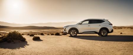 cinematic photo analog film photo (distant:1.1), front right view, white evo car, cinematic, mist, volumetric lights shiny, dusty sand new, dynamic view, luna desert landscape, drought, yellow sky . faded film, desaturated, 35mm photo, grainy, vignette, vintage, Kodachrome, Lomography, stained, highly detailed, found footage . 35mm photograph, film, bokeh, professional, 4k, highly detailed