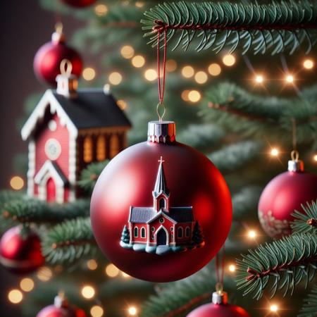 very realistic close-up photograph of a  red Christmas sphere with a church on it hanging in a Christmas tree branch