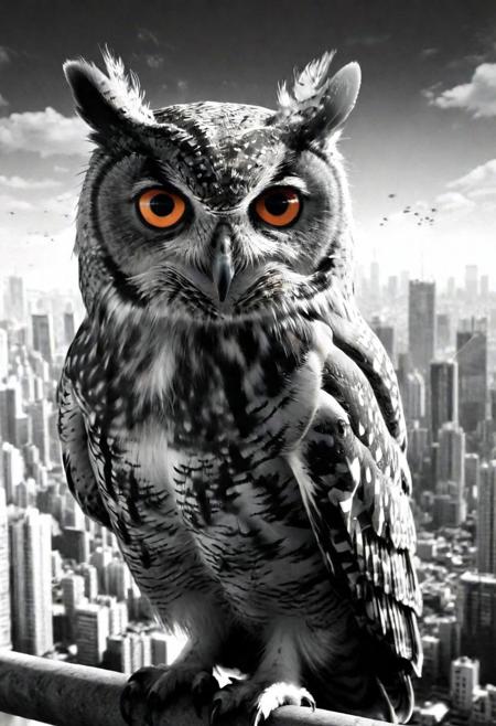high quality, 8K Ultra HD, A beautiful double exposure that combines an owl silhouette with an anime metropolitan landscape, The big city should serve as the underlying backdrop, with its details incorporated into the owl, The background is monochrome, sharp focus, double exposure, by yukisakura, awesome full color,
