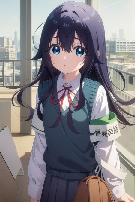 shizukayoshimoto, <lora:shizuka yoshimoto s1-lora-nochekaiser:1>,
shizuka yoshimoto, long hair, bangs, blue eyes, black hair, hair between eyes, wavy hair,
BREAK skirt, shirt, ribbon, school uniform, white shirt, pleated skirt, red ribbon, neck ribbon, armband, sweater vest,
BREAK indoors, classroom,
BREAK looking at viewer, (cowboy shot:1.5),
BREAK <lyco:GoodHands-beta2:1>, (masterpiece:1.2), best quality, high resolution, unity 8k wallpaper, (illustration:0.8), (beautiful detailed eyes:1.6), extremely detailed face, perfect lighting, extremely detailed CG, (perfect hands, perfect anatomy),