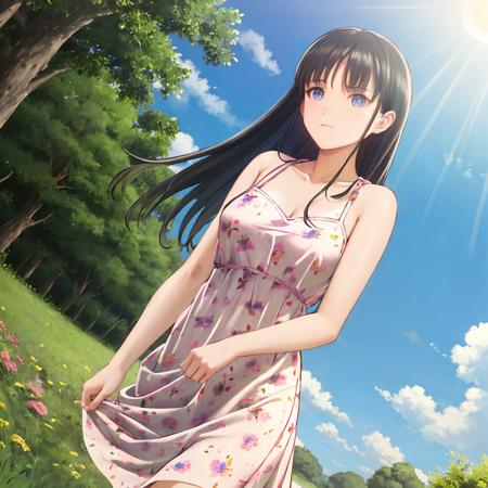 mizushima_asa <lora:mizushima_asa_v1:0.7>, floral print, summer dress, nature, trees, sky, sun, blue eyes, pink flowers,, masterpiece, best quality