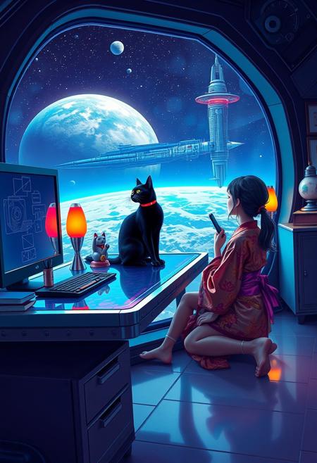 YFG-Asak Surreal Pop Art Style, a bright, whimsical scene of A sleek black cat with red collar sits on a cluttered metal riveted desk with transparent top and led lit computer components visible inside, On the desk are a maneki neko statue and a lava lamp, the Black cat is looking out of a seamless and futuristic floor to ceiling window that looks out at a planet from low orbit, (((a beautiful woman, 24 years old, is kneeling Japanese style next to the cat looking out the window, the woman is dressed in an ornate Japanese style bath robe. An enormous deco-cyberpunk starship with futuristic lighting and an enormous space station are visible in the background among the stars, The woman's hair is messy from just waking up and tied up with a ribbon. Artistic cyberpunk, dynamic perspective, (((overall architectural aesthetic is Art Deco Cyberpunk))).  Epic image that elicits a feeling of wonder and awe,  all set against a striking, abstract background with bold, geometric patterns.