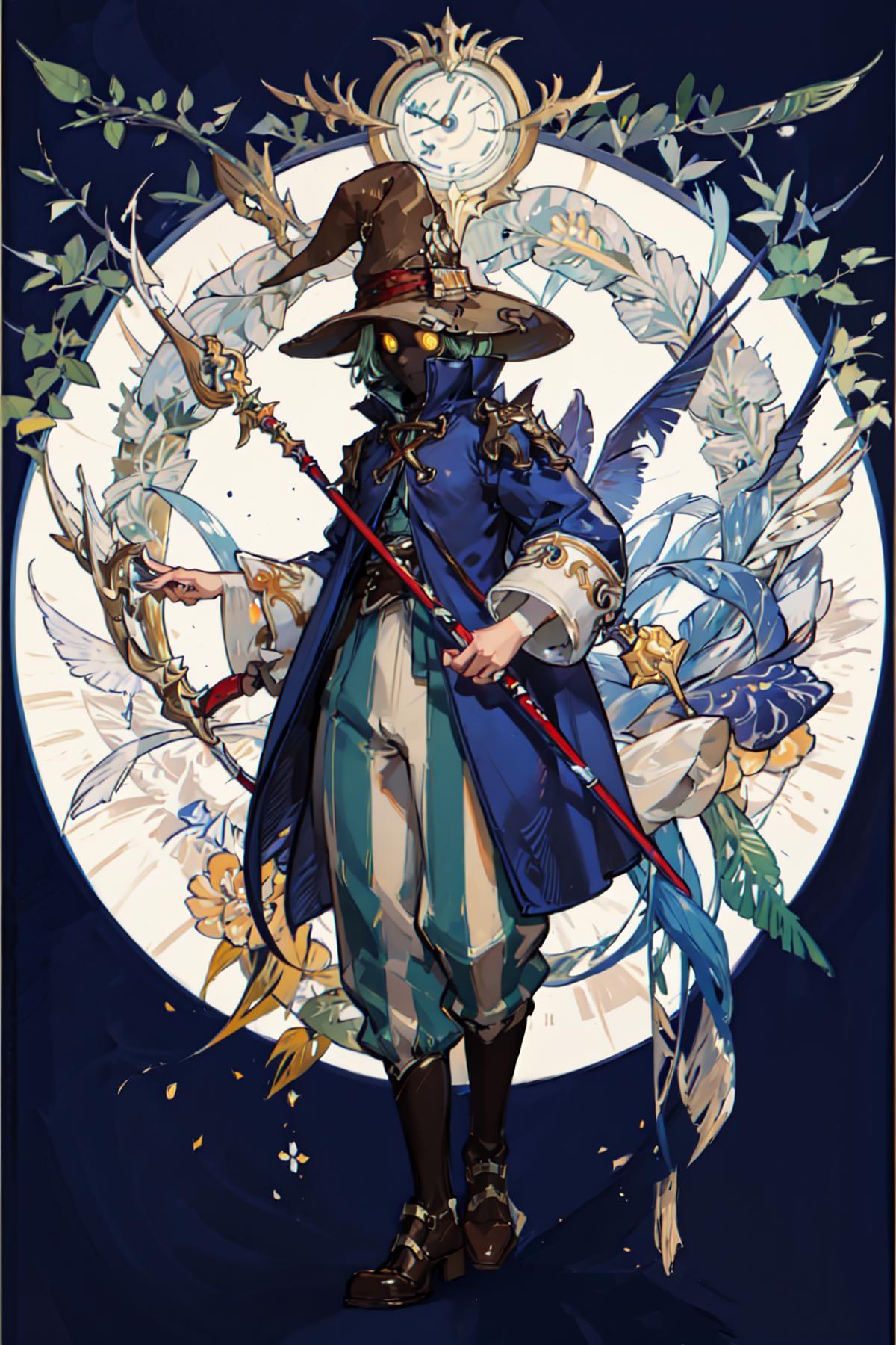 A character wearing a blue jacket and a wizard hat holding a staff.