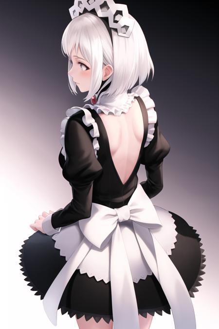 masterpiece, best quality, <lora:FEFatesMaid_v1:1>, fates maid, maid, maid headdress, 
1girl, solo, standing, back, from above, looking to the side, white hair, short hair