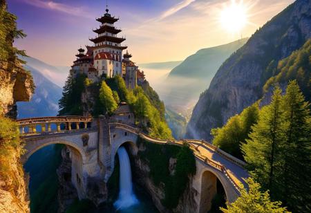 towers ringed in mist, sunrays, mixed media, surrealism, fantasy, great lighting, vibrant colors, dramatic perspective, A surreal landscape highly detailed, extremely high-resolution details, appears trapped in an optical illusion of reflections and refractions colorful, Zhangjiajie mountains,  Vienna in contemporary Austria, stone bridges, winding rivers extending to the horizon, professional photography, natural lighting, volumetric lighting maximalist. vivid, vibrant colors, intricately detailed, complex, elegant, expansive, fantastical, film photography style, medium grain, cmnt
 (8k uhd:1,4)