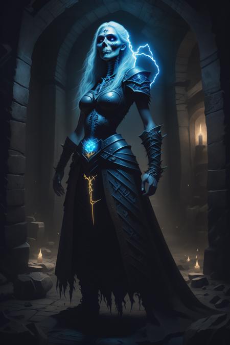 fantchar, a powerful skeletal mage woman with lightning crackling around her standing in a dungeon crypt, beautiful, runes, symbols, glowing, realistic, highly detailed, intricate