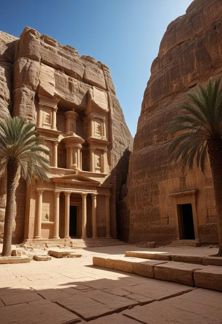 Very beautiful , Al-Khazneh, Jordania a temple site, sunny blue sky background and large dense forest. Very realistic photography.