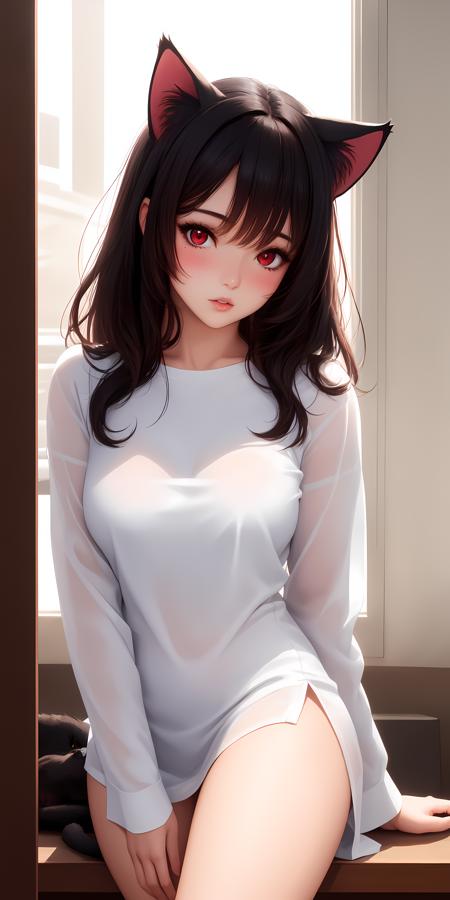 realistic, 1girl, black hair, red eyes, slit eyes, glowing eyes, oversized shirt, parted lips, blush, cat ears,