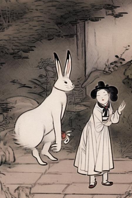 best quality, Alice encountering the White Rabbit and following it through a garden, shinyunbok painting