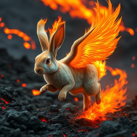 hyperrealistic art a rabbit-phoenix hybrid with flaming ears and a fiery tail, hopping through a volcanic landscape as molten lava flows in the background, casting a fiery glow across the scene. extremely high-resolution details, photographic, realism pushed to extreme, fine texture, incredibly lifelike