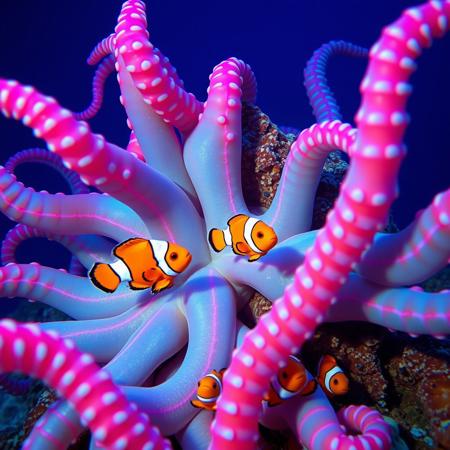 National geographic style photo, high res, anenome , vivid electric neon pink and blue striped tentacles, tentacles spread and writhing, orange and white clownfish amongst the tentacles, underwater, deep blue ocean, slightly surreal, hyperreal.