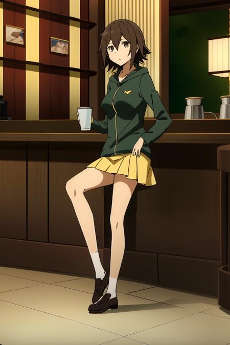 <lora:æåä¹çç1V-000010:0.8>,1girl,æåä¹çç,brown hair,brown eyes,solo,hair between eyes,short hair,
green hoodie,yellow skirt,pleated skirt,strap between breasts,expressionless,
full body, legs,sitting, coffee shop,cup,drinking straw,, Exquisite visuals, high-definition,masterpiece,best quality,