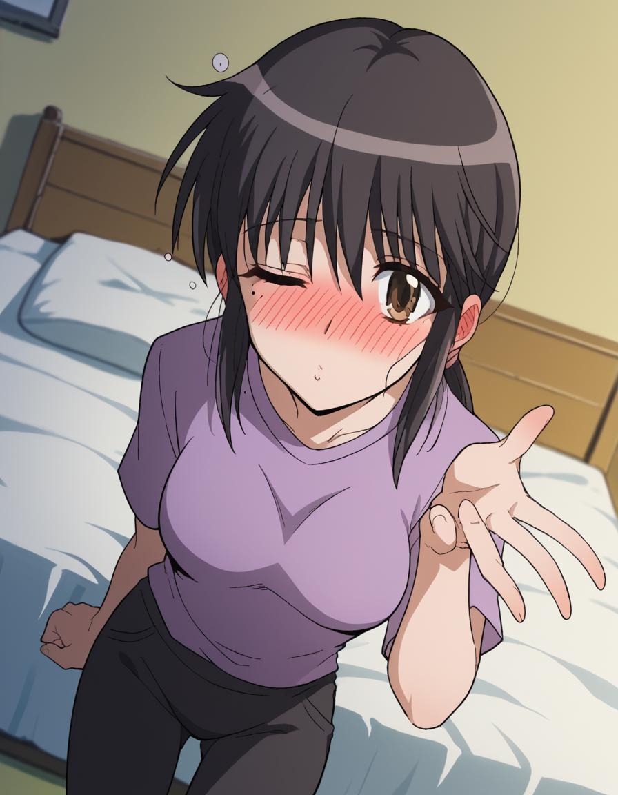 score_9, score_8_up, score_7_up, source_anime, <lora:fumio-usui-s1-ponyxl-lora-nochekaiser:1>, fumio usui, long hair, black hair, brown eyes, ponytail, mole, mole under eye, medium breasts,, shirt, purple shirt, short sleeves, pants, black pants,, indoors, bed, bed room, on side, blush, drunk,, , <lora:blowing-kiss-ponyxl-lora-nochekaiser:1>, blowing kiss, pucked lips, heart, one eye closed, o3o, hand up, bed room, bed, blush, cowboy shot, dutch angle,, looking at viewer, solo,, dutch angle, cowboy shot