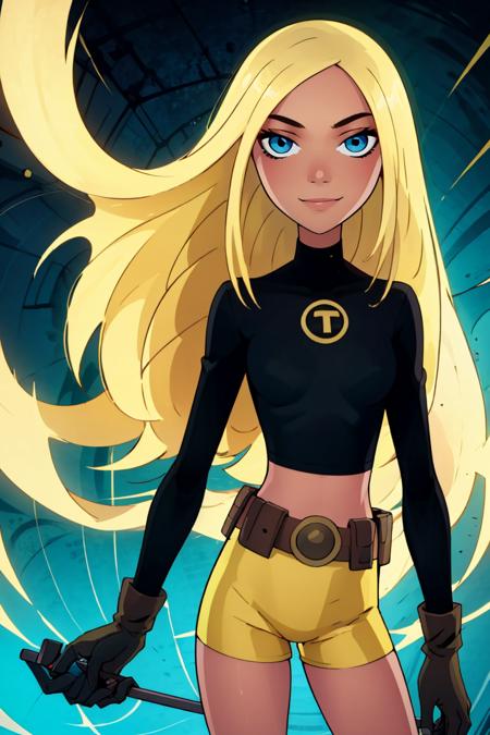 Terra, 1girl, solo, long hair, blonde hair, blue eyes, black shirt, gloves, yellow shorts, midriff, belt,