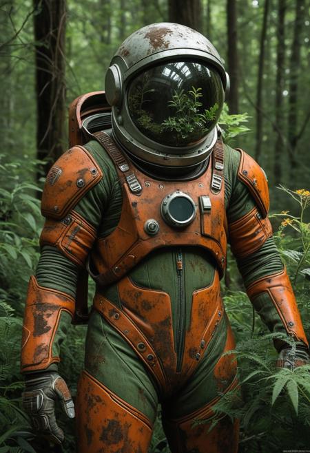 Rusty astronaut suit (worn, weathered:1.2), overgrown with lush greenery (detailed foliage:1.2), nestled within a dense forest setting, centered in the frame, facing viewer, close-up perspective.  Thick, decaying vegetation completely surrounds the suit, (detailed plant life:1.3), creating a vibrant, yet decaying atmosphere.  Suit's color palette is predominantly rusty orange, muted grey, and dark brown with noticeable weathering.  Interior of the helmet (clear glass:1.1) displays small plants and flowers, vibrant green, giving a sense of life amidst decay.  (Detailed surface textures:1.3) on both the suit and helmet, mimicking the effects of rust and age.  Photorealistic style, (high detail:1.2)  Ambient lighting illuminates the scene from multiple angles.  Deep greens and muted browns dominate the surroundings.  Dark green foliage and rusty orange suit create a stark contrast.  Vertical composition, detailed rust patterns, shot from slightly low angle.  Atmospheric and melancholic mood.  (Detailed plant growth:1.2) clings to the suit's contours.  Intricate details of the suit's mechanics and design, (detailed seams:1.2).  Nature reclaiming the human element, environmental catastrophe.