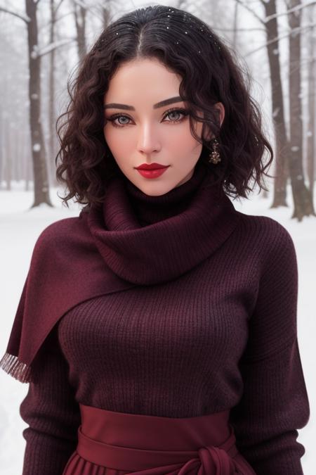 photo of a woman, <lora:bventi-04:0.5>, bventi, ((pale skin)), ((short hair, dark brown hair, curly hair))((turtleneck sweater dress, scarf):1.2),((cowboy shot, waist, hips, thighs):1.2),((outdoors, snow, forest):1.2),,((red lipstick, eyeliner, eye shadow, blush):1.2), ((best quality, masterpiece, extreme details, high resolution):1.2),((detailed eyes, beautiful eyes, detailed face, beautiful face):1.2), ,modelshoot style, (extremely detailed CG unity 8k wallpaper), photo of the most beautiful artwork in the world, professional majestic (photography by Steve McCurry), 8k uhd, dslr, soft lighting, high quality, film grain, Fujifilm XT3 sharp focus, f 5.6, High Detail, Sharp focus, dramatic