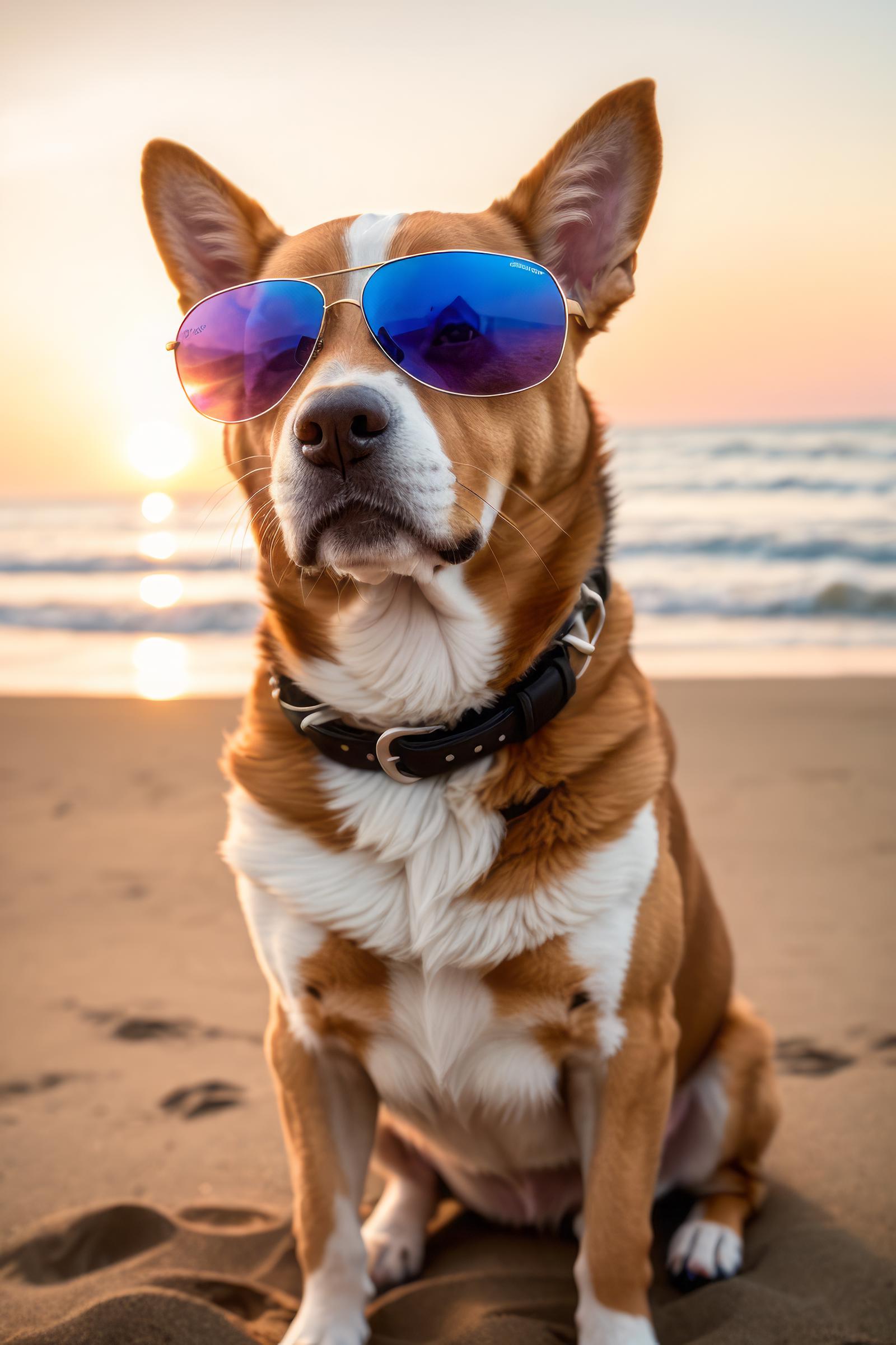 Brown and white dog wearing sunglasses on a beach.