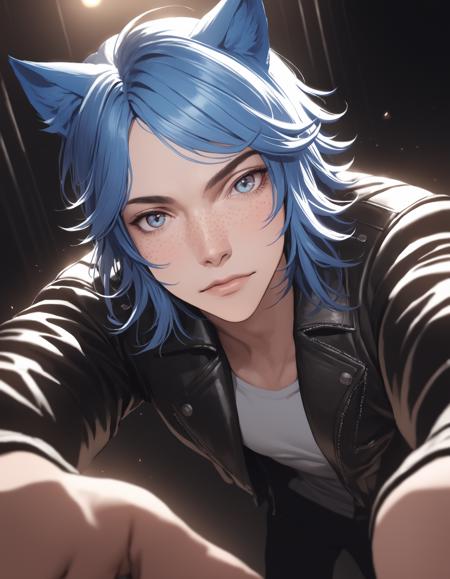 Parker Edwards, solo, looking at viewer, shirt, 1boy, animal ears, blue hair, jacket, male focus, cat ears, black jacket, freckles, realistic, leather, leather jacket, cat ears, animal ears, close-up, foreshortening , cinematic lighting, cinematic angle, dark, dark background, masterpiece, best quality , <lora:ParkerEdwardsXL:0.5>