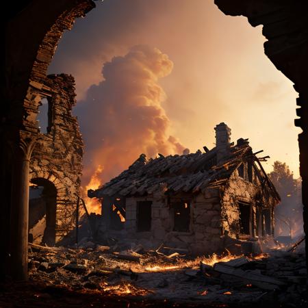 (masterpiece:1.2), (best quality,:1.2), 8k, HDR, ultra detailed, ((photorealistic)), professional light, cinematic lighting, fashion photography, ambient lighting,<lora:detail_slider_v4:3>, ruins of a burned village, FanRu <lora:FantasyRuins-10:0.7>, ((perfect hands)), epiCPhoto