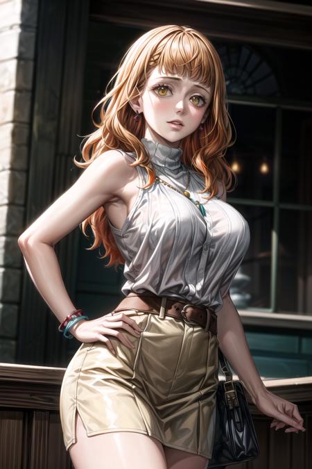 ((best quality)), ((highly detailed)), masterpiece, ((official art)),(mimosa vermillion), (orange hair:1.4), jewelry, bracelet, skirt, solo, (cowboy shot:1.2), hand on hip, bangle, standing, breasts, pencil skirt, sleeveless, bare shoulders, (white shirt:1.2), (white skirt:1.2), miniskirt, earrings, belt, turtleneck, large breasts, necklace, (intricately detailed, hyperdetailed), blurry background,depth of field, best quality, masterpiece, intricate details, tonemapping, sharp focus, hyper detailed, trending on Artstation,1 girl, high res, official artyper detailed, trending on Artstation,1 girl, high res, official art