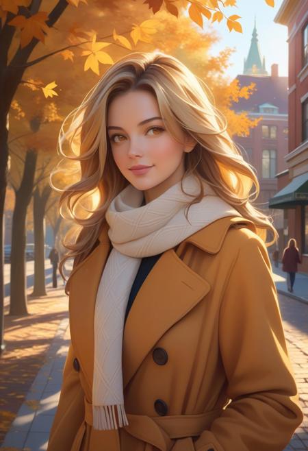 A realistic portrait of a woman walking on a downtown sidewalk on an autumn afternoon, surrounded by old buildings with vintage architectural details and trees adorned with vibrant yellow leaves. She is dressed warmly in a terracotta coat with a soft white scarf wrapped loosely around her neck, her hair flowing freely in the gentle autumn breeze. The golden light of the late afternoon sun casts a soft, warm glow over the scene, creating delicate shadows that highlight the textures of her coat and the crispness of the leaves. Her expression is serene and thoughtful as she gazes slightly ahead, embodying a sense of calm and connection to the season. The composition captures a mix of the urban environment's charm and the natural beauty of autumn, blending nostalgia and elegance.
flechera, blonde