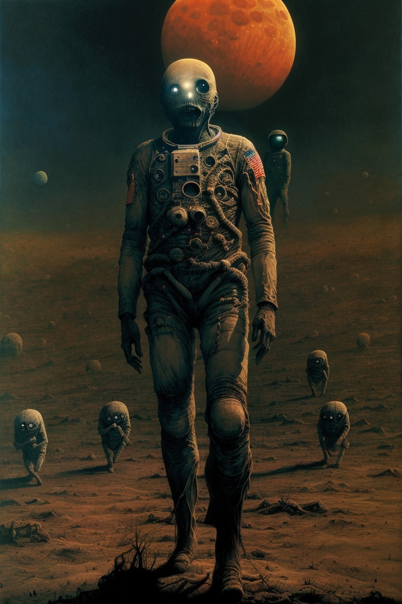 astronaut, landing on moon, nightmare, disturbing, creepy, gloomy, rotten, by zdzislaw beksinski