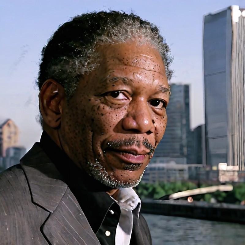 High resolution portrait of Morgan Freeman, (looking to the left), city backgorund