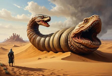 a gigantic sand worm in the desert, medieval, oil painting style
