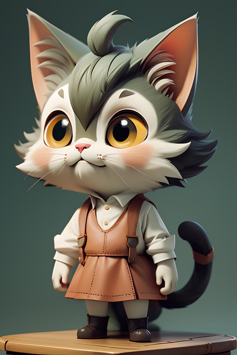 An animated cat character wearing a brown vest and dress, standing on a green background.