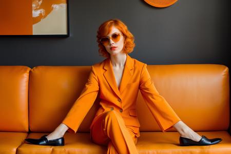 orange theme,
pale girl, (orange tabby cat sitting on sofa:1.2)
orange hair, pixie cut, choppy hair,
in orange sunglasses, orange lipstick,
orange suit, orange pants,
sitting on an orange couch, orange wall,
high fashion, professional portfolio photoshoot, portrait